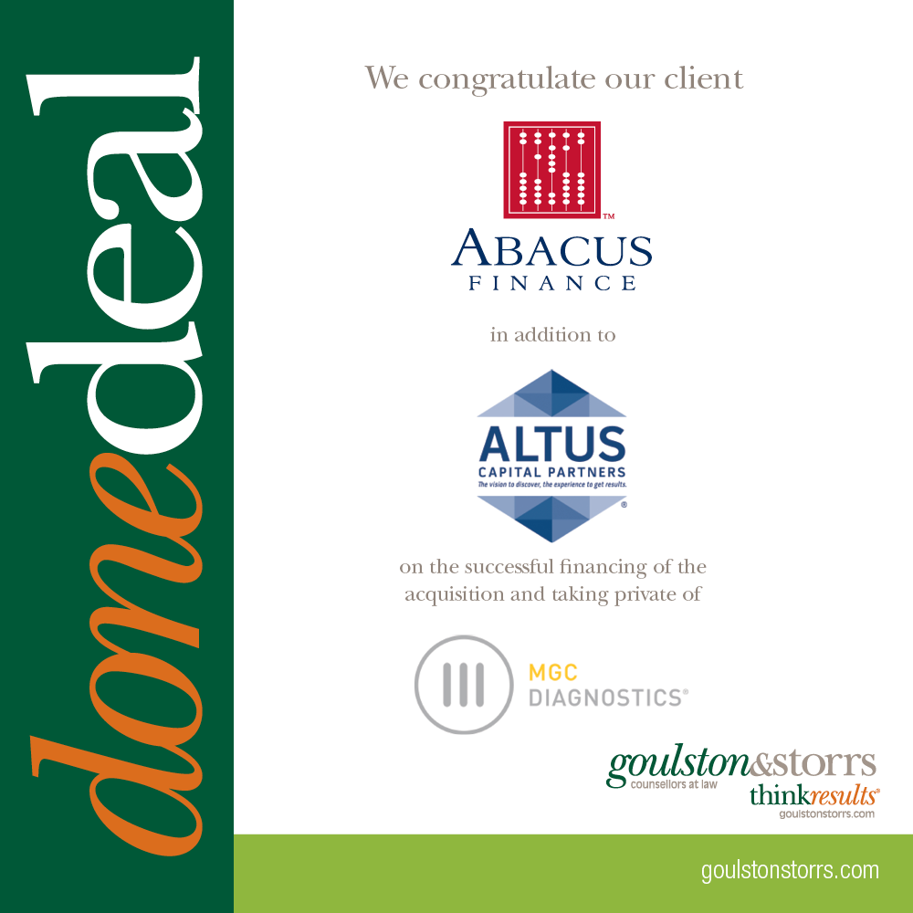 Goulston & Storrs congratulates client Abacus Finance and Altus Capital Partners