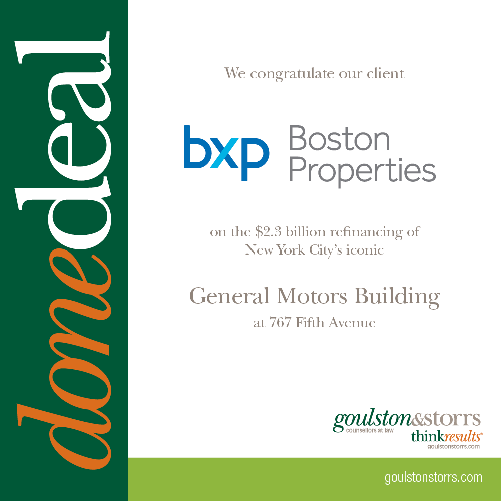 Congratulations to Boston Properties for successful refinancing of the GM Building in NYC