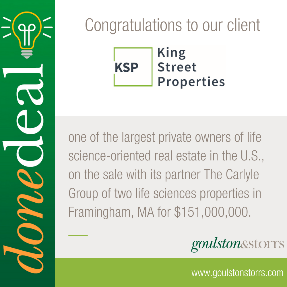 Congratulations to King Street Properties on it's sale of two life sciences properties for $151,000,000.